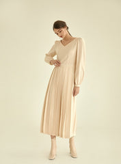 Elegant Long Sleeve Midi Linen Dress with Flared Pleated Skirt and Flattering V-Neckline