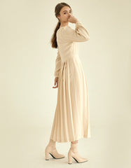 Elegant Long Sleeve Midi Linen Dress with Flared Pleated Skirt and Flattering V-Neckline