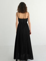 Linen Blend Puff Sleeve Midi Dress with Button Front and Contrast Trim Details