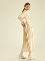 Elegant Long Sleeve Midi Linen Dress with Flared Pleated Skirt and Flattering V-Neckline