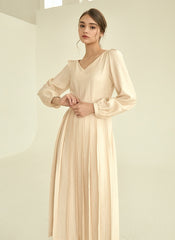 Elegant Long Sleeve Midi Linen Dress with Flared Pleated Skirt and Flattering V-Neckline