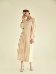 Elegant Long Sleeve Midi Linen Dress with Flared Pleated Skirt and Flattering V-Neckline