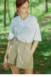 Lightweight Cotton V-Neck Top with Puff Sleeves and Relaxed Fit for Effortless Summer Styling