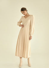 Elegant Long Sleeve Midi Linen Dress with Flared Pleated Skirt and Flattering V-Neckline