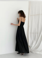 Linen Blend Puff Sleeve Midi Dress with Button Front and Contrast Trim Details