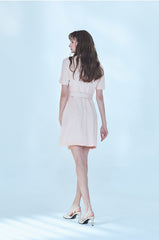 Chic Short-Sleeve Linen Dress with Belted Waist and Tailored Silhouette for Women