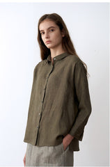 Breathable Button-Up Women’s Long Sleeve Linen Shirt with Relaxed Fit and Soft Collar