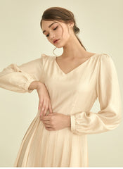 Elegant Long Sleeve Midi Linen Dress with Flared Pleated Skirt and Flattering V-Neckline