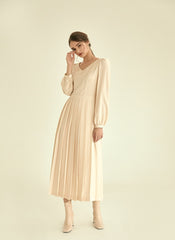 Elegant Long Sleeve Midi Linen Dress with Flared Pleated Skirt and Flattering V-Neckline