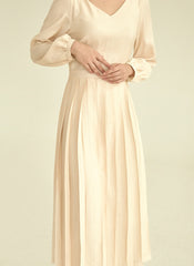 Elegant Long Sleeve Midi Linen Dress with Flared Pleated Skirt and Flattering V-Neckline