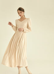 Elegant Long Sleeve Midi Linen Dress with Flared Pleated Skirt and Flattering V-Neckline