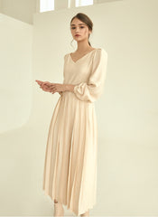 Elegant Long Sleeve Midi Linen Dress with Flared Pleated Skirt and Flattering V-Neckline