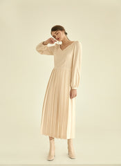 Elegant Long Sleeve Midi Linen Dress with Flared Pleated Skirt and Flattering V-Neckline