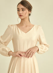 Elegant Long Sleeve Midi Linen Dress with Flared Pleated Skirt and Flattering V-Neckline
