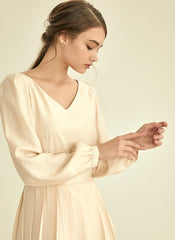 Elegant Long Sleeve Midi Linen Dress with Flared Pleated Skirt and Flattering V-Neckline