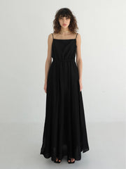 Linen Blend Puff Sleeve Midi Dress with Button Front and Contrast Trim Details