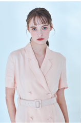 Chic Short-Sleeve Linen Dress with Belted Waist and Tailored Silhouette for Women