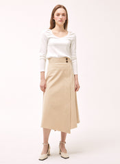 High-Waisted Linen A-Line Skirt with Front Overlap Detail and Button Closure for Elegant Styling