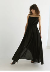 Linen Blend Puff Sleeve Midi Dress with Button Front and Contrast Trim Details