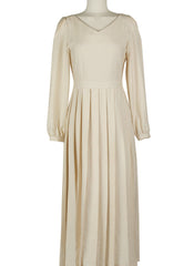 Elegant Long Sleeve Midi Linen Dress with Flared Pleated Skirt and Flattering V-Neckline