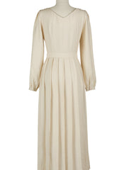 Elegant Long Sleeve Midi Linen Dress with Flared Pleated Skirt and Flattering V-Neckline