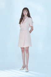 Chic Short-Sleeve Linen Dress with Belted Waist and Tailored Silhouette for Women