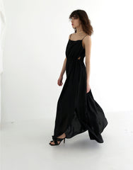 Linen Blend Puff Sleeve Midi Dress with Button Front and Contrast Trim Details