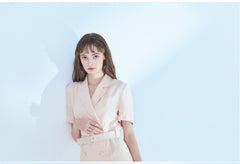 Chic Short-Sleeve Linen Dress with Belted Waist and Tailored Silhouette for Women