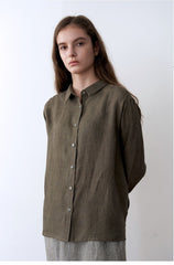 Breathable Button-Up Women’s Long Sleeve Linen Shirt with Relaxed Fit and Soft Collar