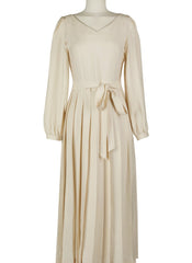 Elegant Long Sleeve Midi Linen Dress with Flared Pleated Skirt and Flattering V-Neckline