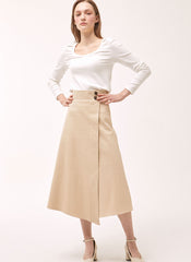 High-Waisted Linen A-Line Skirt with Front Overlap Detail and Button Closure for Elegant Styling