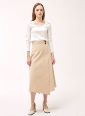 High-Waisted Linen A-Line Skirt with Front Overlap Detail and Button Closure for Elegant Styling