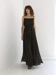 Linen Blend Puff Sleeve Midi Dress with Button Front and Contrast Trim Details