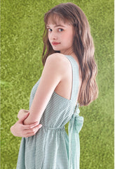 Gingham Check Linen Midi Dress with Ruffled Hem and Twisted Back Strap Detail for Women