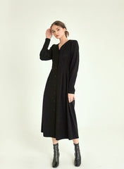 Elegant Linen Midi Dress with Button-Front Closure and Long Sleeves for Women