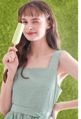 Gingham Check Linen Midi Dress with Ruffled Hem and Twisted Back Strap Detail for Women