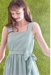 Gingham Check Linen Midi Dress with Ruffled Hem and Twisted Back Strap Detail for Women