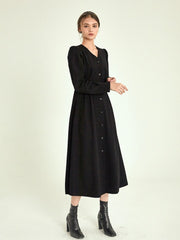 Elegant Linen Midi Dress with Button-Front Closure and Long Sleeves for Women