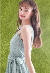 Gingham Check Linen Midi Dress with Ruffled Hem and Twisted Back Strap Detail for Women