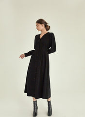 Elegant Linen Midi Dress with Button-Front Closure and Long Sleeves for Women