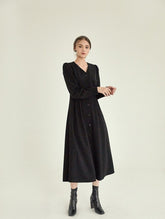 Elegant Linen Midi Dress with Button-Front Closure and Long Sleeves for Women