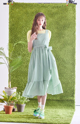 Gingham Check Linen Midi Dress with Ruffled Hem and Twisted Back Strap Detail for Women