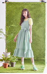 Gingham Check Linen Midi Dress with Ruffled Hem and Twisted Back Strap Detail for Women