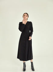 Elegant Linen Midi Dress with Button-Front Closure and Long Sleeves for Women