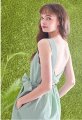 Gingham Check Linen Midi Dress with Ruffled Hem and Twisted Back Strap Detail for Women