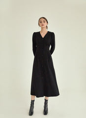 Elegant Linen Midi Dress with Button-Front Closure and Long Sleeves for Women