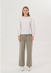 Structured Cotton Poplin Blouse with Balloon Sleeves and Crew Neckline for Modern Sophistication