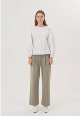 Structured Cotton Poplin Blouse with Balloon Sleeves and Crew Neckline for Modern Sophistication