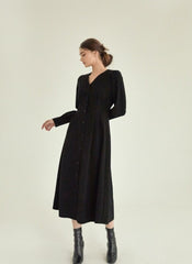 Elegant Linen Midi Dress with Button-Front Closure and Long Sleeves for Women
