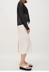 High-Waisted Wrap Linen Midi Skirt with Back Slit and Tie Waist for Elegant Styling